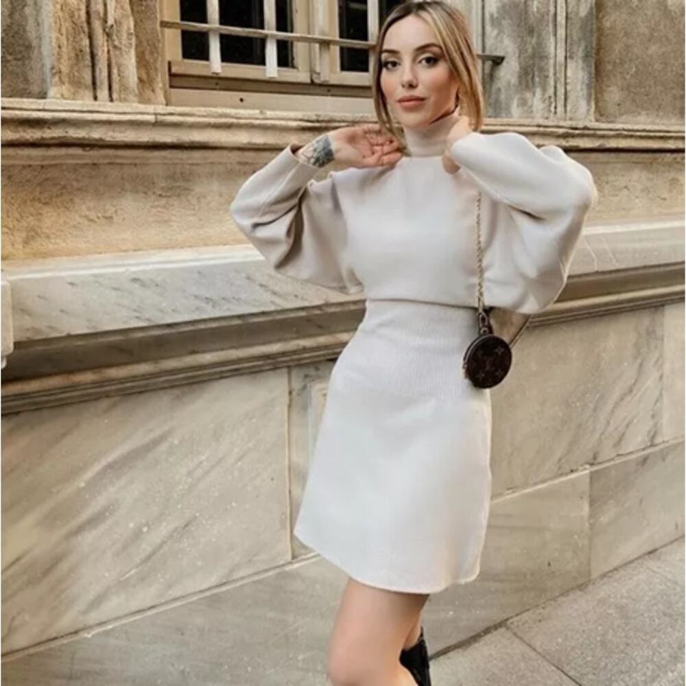 Zara High Neck Knit Mini Dress Beige Size S Blogger Favorite